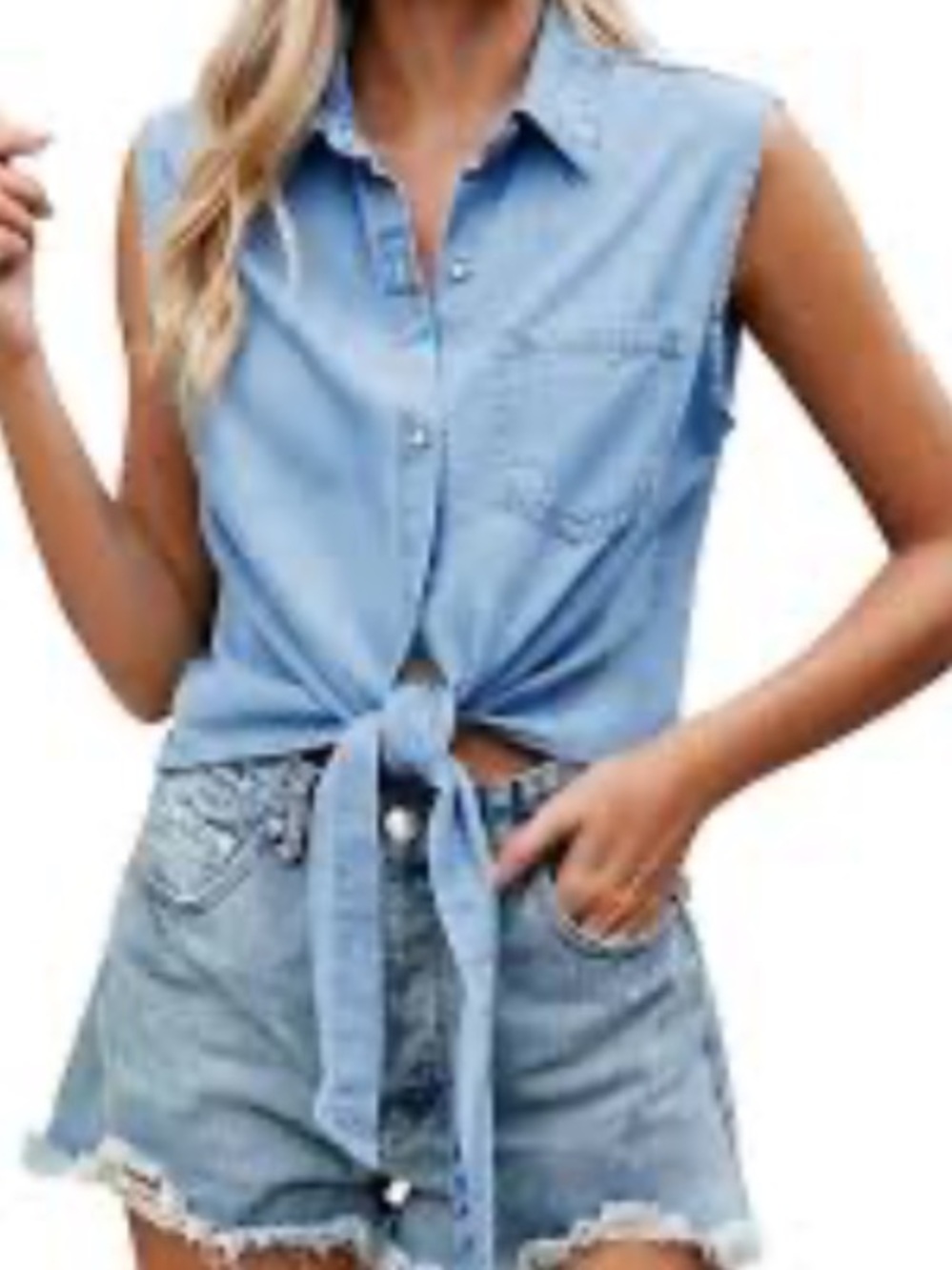 J. Crew Light Blue Sleeveless Tie-Front Chambray Shirt